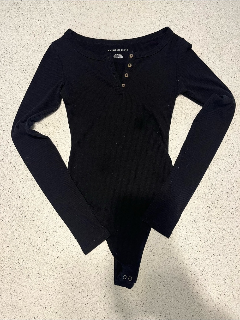 American Eagle Black Long Sleeve Ribbed Henley Bodysuit